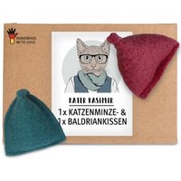 Kater Kasimir Katzen Spielkissen mit Baldrian und Katzenminze, 2er Set. Reiner Wollfilz vom Schaf, von Hand genäht
