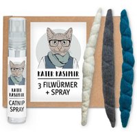 Kater Kasimir 3 Filzwürmchen (handgerollt) aus Schurwolle + 1 Mini-Flasche Katzenminze-Spray