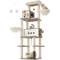 FEANDREA Kratzbaum 197cm mit Kratzstämmen Katzenbürste Tunnel grau/ weiß