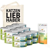 I love my cat Dealset für Katzen mit Giardien - 18 Dosen Nassfutter mit Pute und Lachs 100g + Vermal Pulver 35g + 1 Jutesack von I love my cat