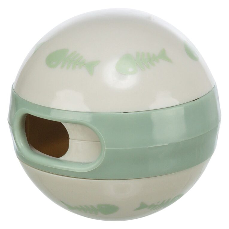 Bunter Futterball mit verstellbarer Öffnung zur Befüllung mit Leckerlis. Fördert den Spieltrieb und die Geschicklichkeit von Katzen.