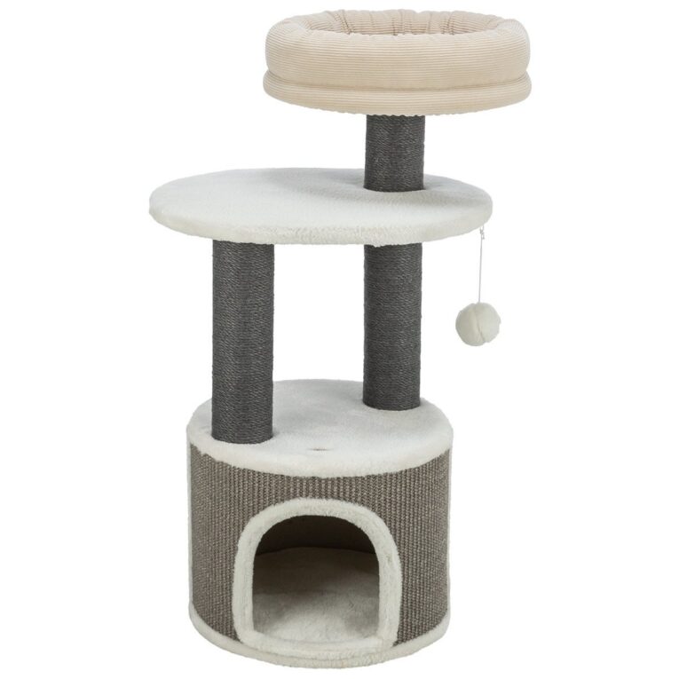 Der Trixie Kratzbaum Marco weiß/beige/grau 85 cm bietet deiner Katze vielseitige Spiel- und Ruheflächen auf drei Ebenen. Gepolsterte Liegeplatte und abnehmbares Kuschelbett sorgen für zusätzlichen Komfort.