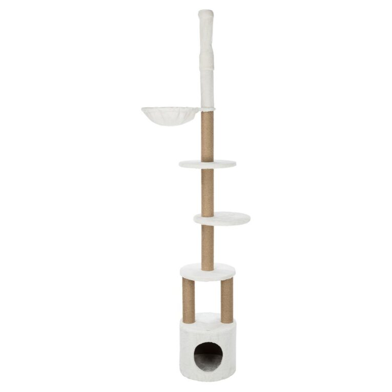 Vielseitiger Deckenspanner von Trixie aus Plüsch und Jute. Mit dieser Grundaustattung können die Stubentiger ihre Krallen wetzen. Wird deckenhoch aufgestellt.