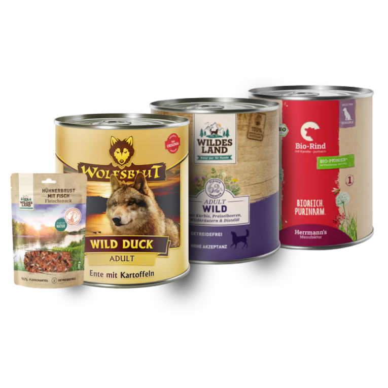 Nassfutter-XL‑Rundum‑Probierpaket  Dieses umfangreiche Paket vereint drei hochwertige Nassfutter‑Sorten aus unterschiedlichen Marken sowie einen Premium‑Snack – perfekt für alle