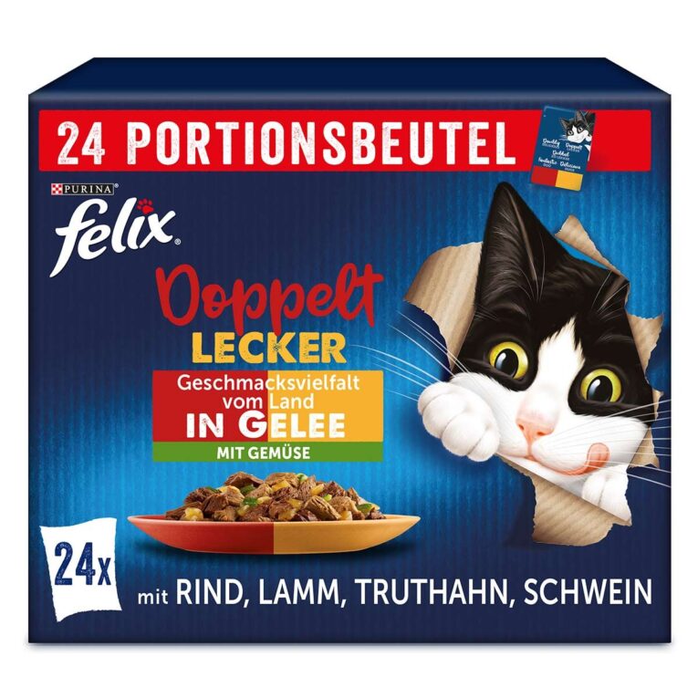 FELIX Katzenfutter nass für ausgewachsene Katzen: Die Katzennahrung sorgt mit zwei Hauptzutaten für den doppelten Genuss. Die Packung enthält 4 leckere Sorten.