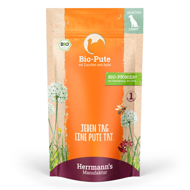 Bio Pute mit Zucchini und Apfel Alleinfuttermittel für ausgewachsene Hunde  Was ist drin?  50 % Bio-Pute