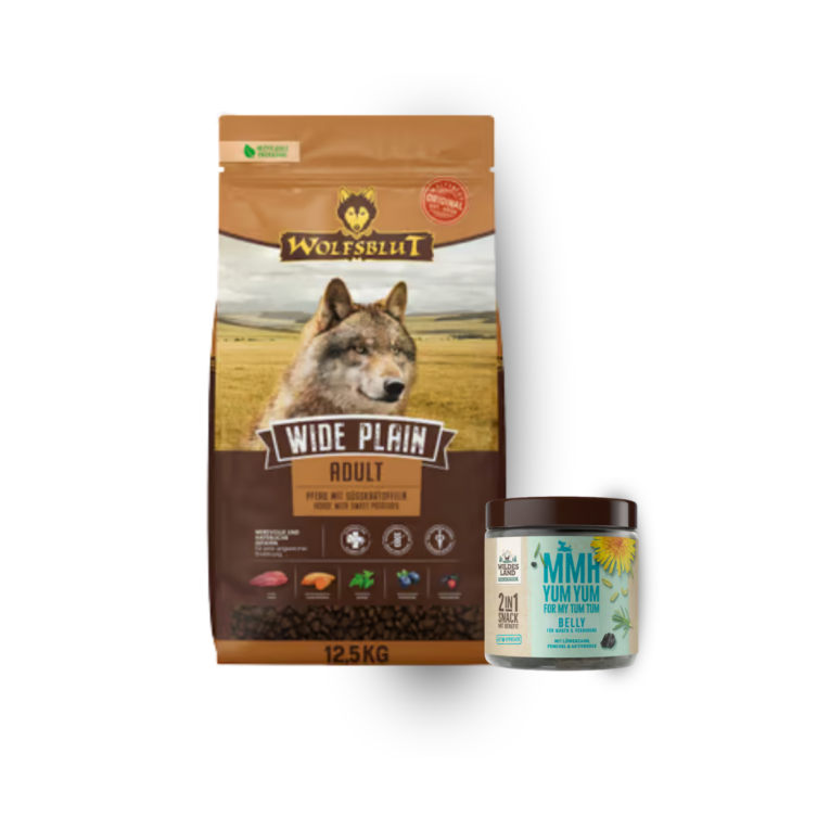 XL Sensitive‑Care‑Duo für Magen & Verdauung  Dieses Paket kombiniert ein hochwertiges Single‑Protein‑Trockenfutter von Wolfsblut und einen funktionalen Snack von Wildes Land. Ideal für Hunde