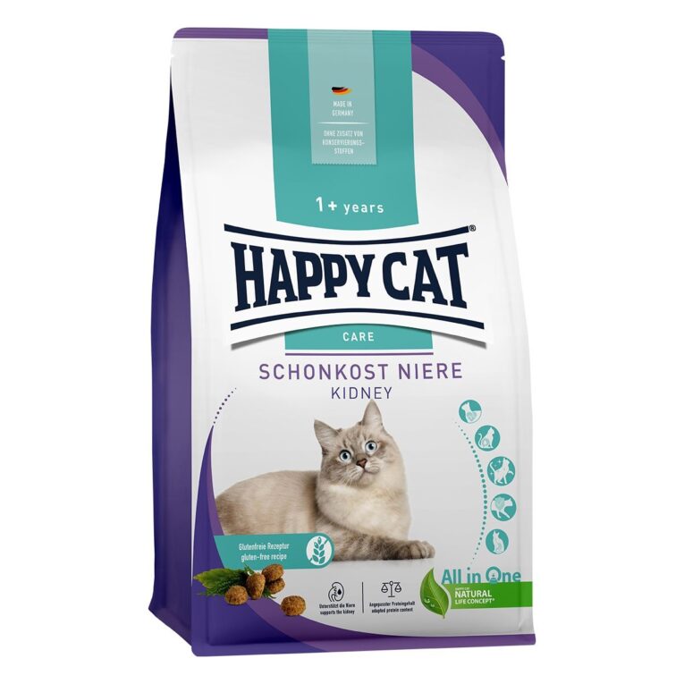 Leckeres Diät-Alleinfuttermittel für Katzen von Happy Cat speziell zur Unterstützung der Nierenfunktion bei chronischer Niereninsuffizienz mit einer ausgewogenen Rezeptur mit den Proteinquellen Grieben