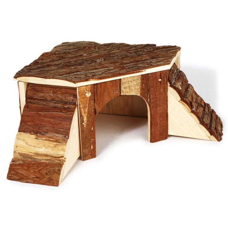 Schönes Eckhaus aus Naturholz für Kleintiere und Nager. Mit 2 Rampen und großer Liegefläche auf dem Dach. Ein sehr gemütlicher Schlaf- und Ruheplatz.