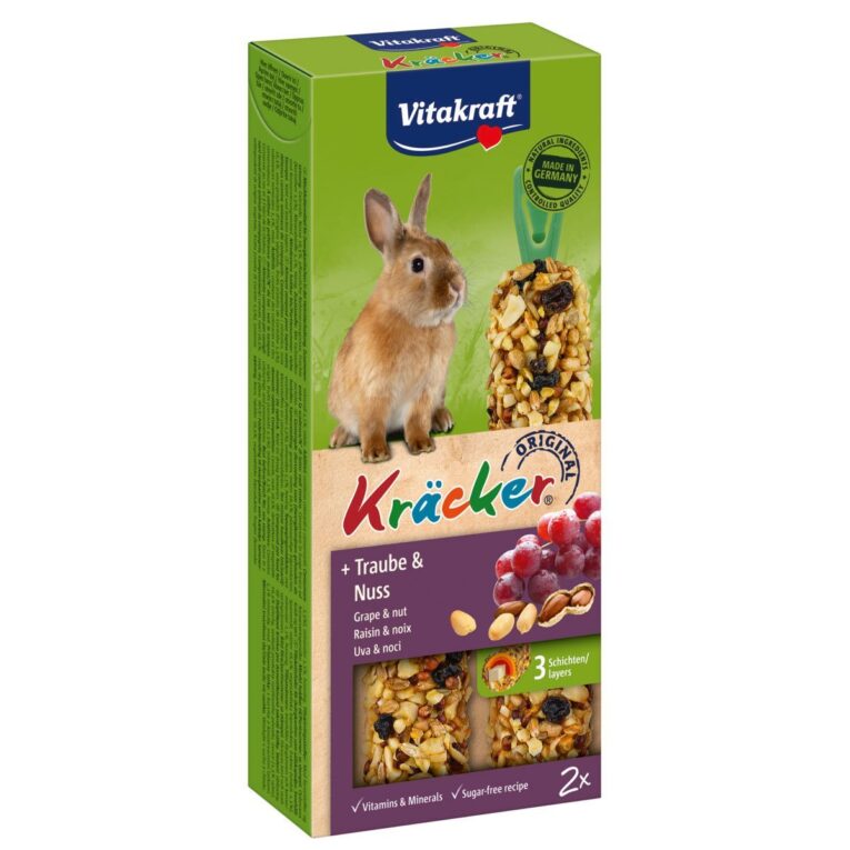 Vitakraft Kräcker® mit Traube und Nuss enthalten viele natürliche Zutaten. Sie sind ein abwechslungsreicher Knabberspaß.