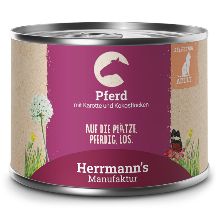 Herrmann's Selection Adult Pferd mit Karotte und Kokosflocken Alleinfuttermittel für ausgewachsene Katzen  93