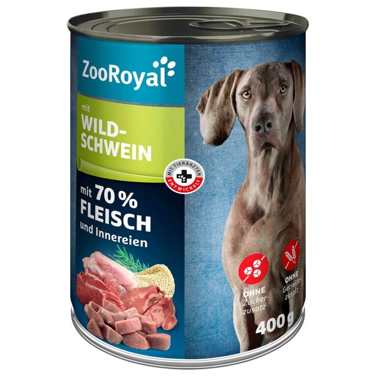 Premiumfutter von ZooRoyal mit Wildschwein in einer mit Tierärzten entwickelten Rezeptur ohne Getreide- und Zuckerzusatz mit 70 % Fleisch und Innereien.