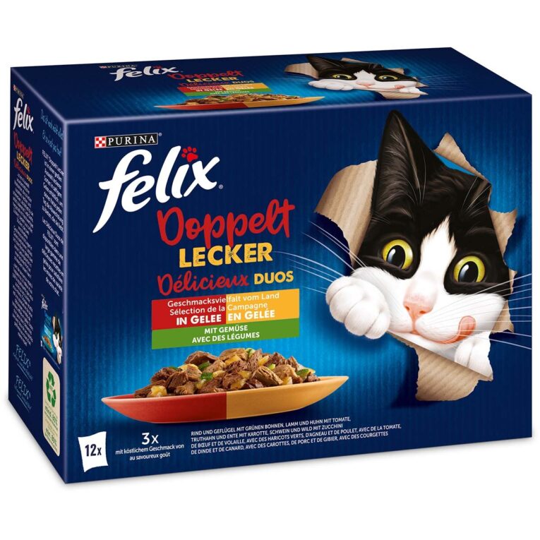 FELIX Katzenfutter nass für ausgewachsene Katzen: Unsere Katzennahrung kombiniert zwei Hauptzutaten im Gelee und sorgt damit für den doppelten Genuss.