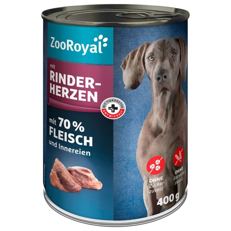 Premiumfutter mit Rinderherzen in einer mit Tierärzten entwickelten Rezeptur ohne Getreide- und Zuckerzusatz mit 70 % Fleisch und Innereien.