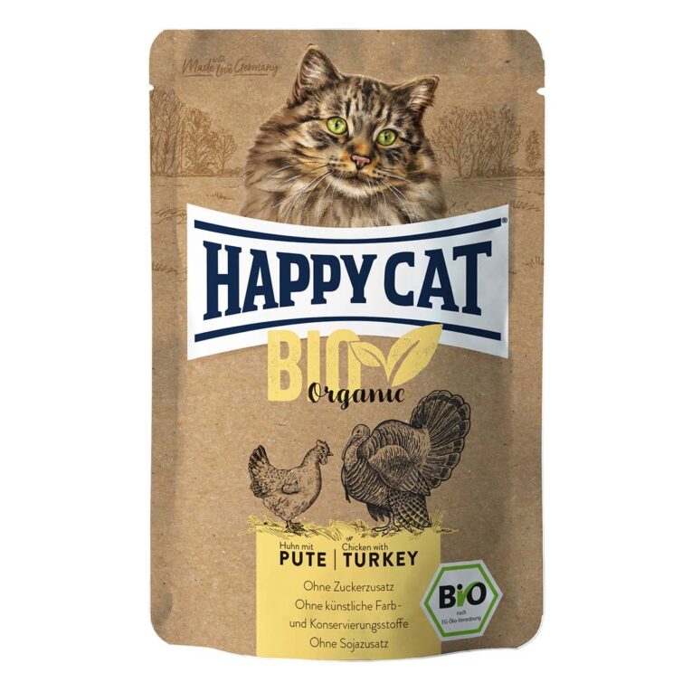 Happy Cat Bio Pouch Huhn & Pute ist ein schmackhaftes Nassfutter für ausgewachsene Katzen mit rein biologischen Zutaten. Hochwertiges Bio-Huhn und Pute verwöhnt auch den zartesten Gaumen.