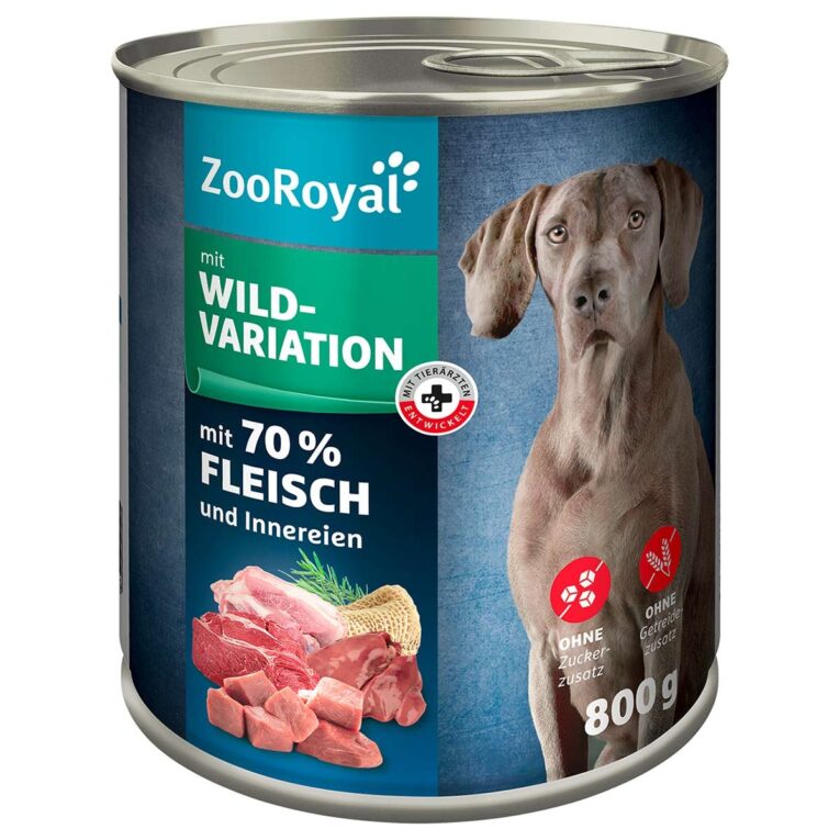 Premiumfutter von ZooRoyal mit Wildvariation in einer mit Tierärzten entwickelten Rezeptur ohne Getreide- und Zuckerzusatz mit 70 % Fleisch und Innereien.