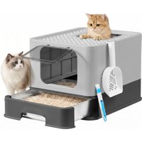 FEANDREA Katzenklo Edelstahl, Katzentoilette mit Schublade, Schaufel, Bürste, 2 Eingänge schiefergrau