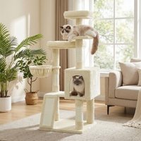 FEANDREA Kletterbaum mehrstufig, mit Rampe, Kratzsäulen, 3 Plattformen,136 cm beige
