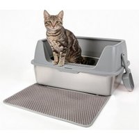 All for paws Edelstahl-Katzentoilette mit Streumatte & Schaufel grau