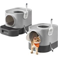 FEANDREA 2er Katzentoilette mit Deckel ausziehbares Tablett grau