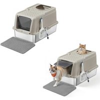 FEANDREA 2er Edelstahl Katzentoilette XL mit Deckel 2 Eingängen beige