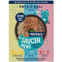 Pets Deli Nassfutter Katze, Adult, Saucen Menü Multipack Huhn, Thunfisch & Rind 6x70 g