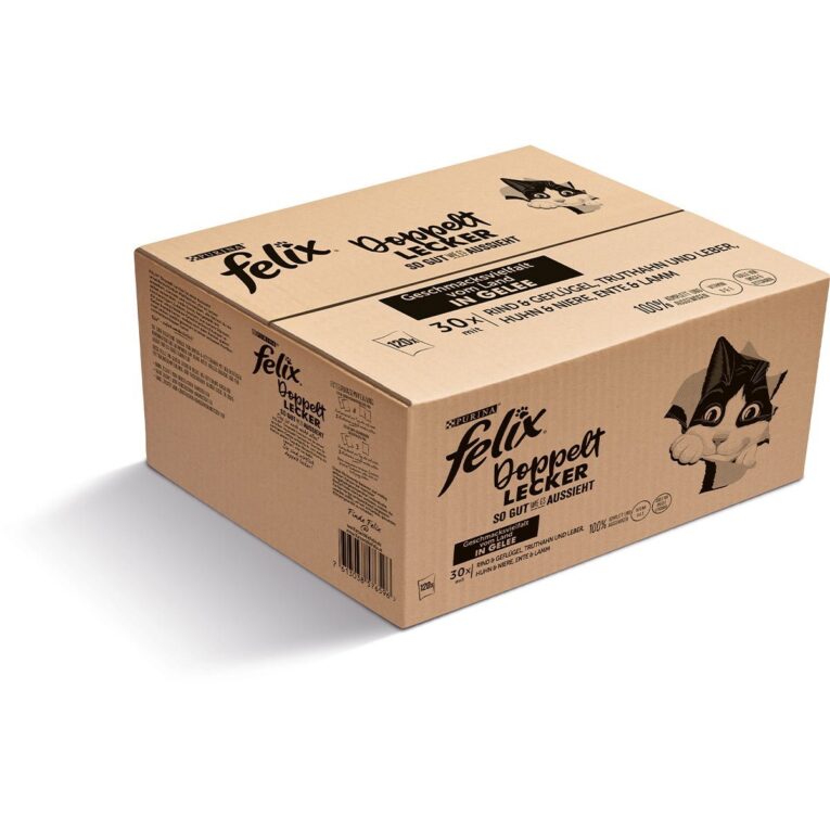 FELIX Katzenfutter nass für ausgewachsene Katzen: Die Katzennahrung sorgt mit zwei Hauptzutaten für den doppelten Genuss. Die Packung enthält 4 leckere Sorten.