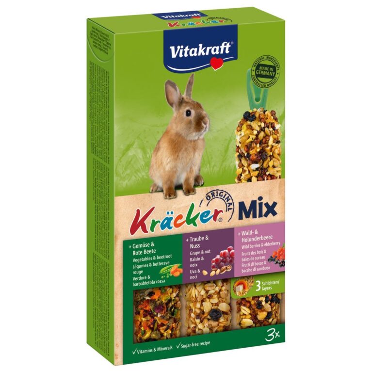 Der Vitakraft Kräcker Trio Mix ist besonders für Zwergkaninchen geeignet. Zuckerfreie Rezeptur mit wertvollen Vitaminen. Drei Sorten enthalten.