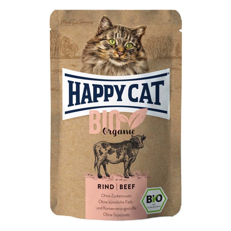 Happy Cat Bio Pouch Rind ist ein schmackhaftes Nassfutter für ausgewachsene Katzen mit rein biologischen Zutaten. Hochwertiges Bio-Rind verwöhnt auch den zartesten Gaumen.