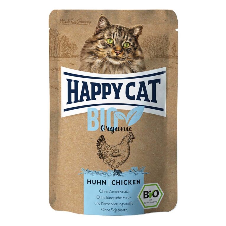 Happy Cat Bio Pouch Huhn ist ein schmackhaftes Nassfutter für ausgewachsene Katzen mit rein biologischen Zutaten. Hochwertiges Bio-Huhn verwöhnt auch den zartesten Gaumen.